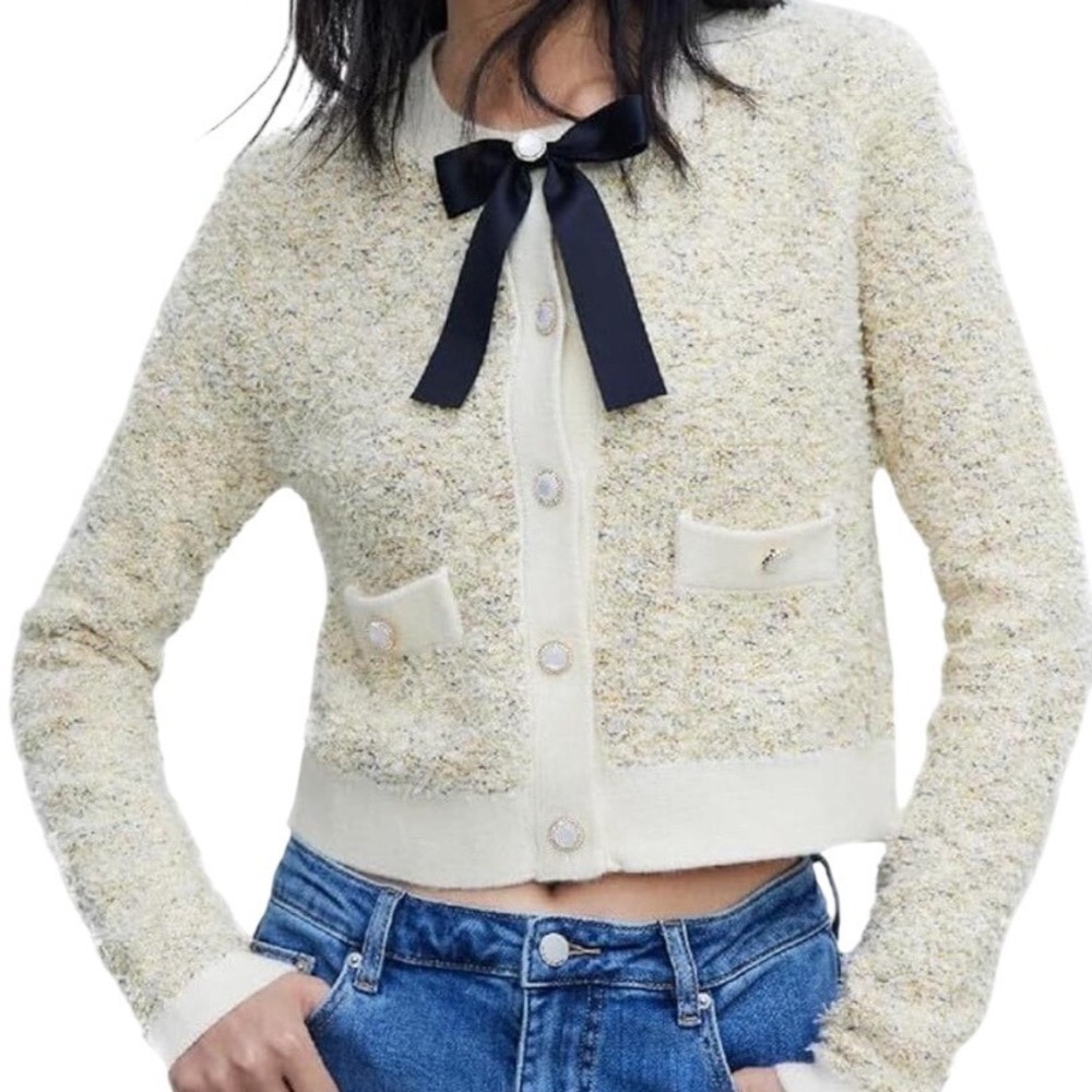 Urban Revivo Tweed Cardigan Women 8 Cream Metallic Bow Boucle Cropped Coquette